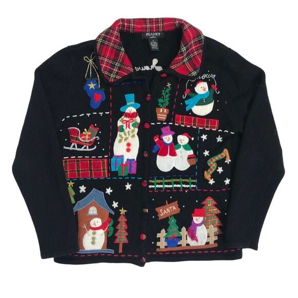 Vintage 90s Black Holiday Grandma Ugly Christmas Sweater Oversized Cardigan / M - Picture 5 of 6